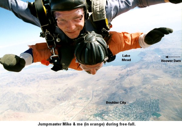 Skydive freefall outside of Las Vegas with Hoover Dam and Lake Mead visible